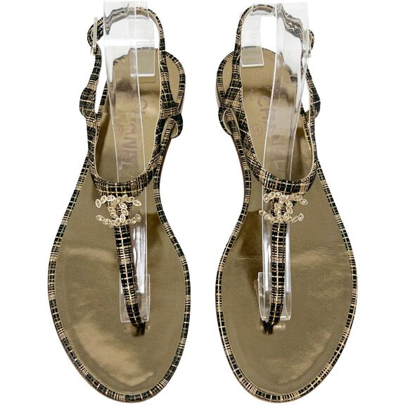 Chanel Crystal Logo Metallic Plaid Thong Sandals Gold/Black – Size 37 - Picture 1 of 10
